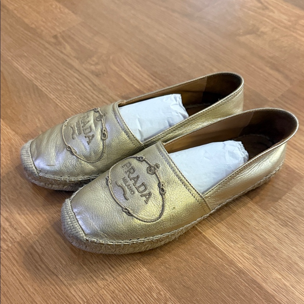 Prada Metallic Gold Espadrille Flats